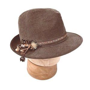 Jacqueline Lamont  Brown Corduroy Fedora hat with Ribbon and leather flower trim